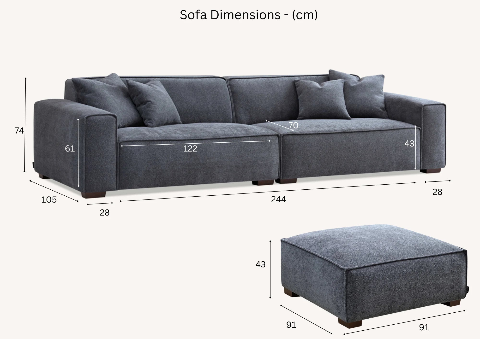 Aluxo Crawford Pebble Grey Boucle Sofa with Chaise Footstool | 4 Seater